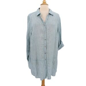 Tahari Linen Shirt Womens 2X Green Roll Tab Sleeves Button Up Tunic Lagenlook